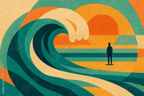 Stylized abstract silhouette facing bold curling wave on striped beach. Vibrant geometric design evokes awe, contemplation, and retro surf-inspired energy