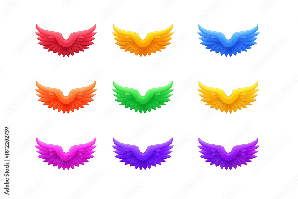 Fototapeta premium Colorful wing icon set featuring nine pairs of stylized wings in red yellow blue orange green gold pink violet and purple isolated on transparent background fantasy and vibrant style