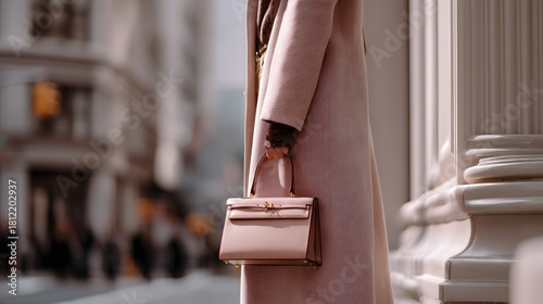 Fototapeta Naklejka Na Ścianę i Meble -  Woman is holding a pink purse while standing on a sidewalk. The purse is a small, pink, and possibly a designer brand. The woman is wearing a pink coat and she is in a busy city area