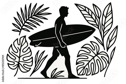 Monochrome silhouette of person walking with surfboard amid tropical leaves. Bold high-contrast design evokes beach lifestyle, nature, and outdoor freedom