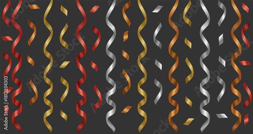 Falling confetti and hanging curly streamers in festive metallic colors pattern, red, gold, silver, and brown, set against a dark, elegant background. 