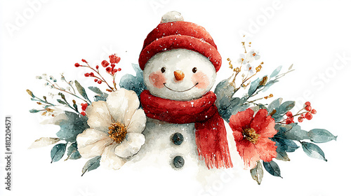 Cute watercolor snowman with hat and oversized red bow scarf surrounded by holly leaves and berries, festive winter character