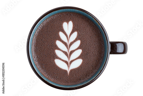 Top view of cup of hot chocolate with beautiful leaf latte art, creamy foam, and rich brown color, creating cozy and inviting atmosphere for relaxation or coffee break