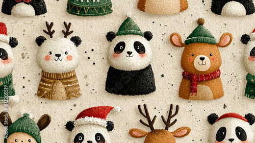 A whimsical pattern featuring adorable winter animals, including a panda, bear, and sheep, all wearing colorful scarves against a festive background.