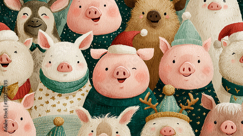 Seamless pattern with cute pigs. Funny cartoon piglet characters. Happy New Year. Chinese symbol of the 2019 year. Isolated elements on white background. Watercolor illustration.