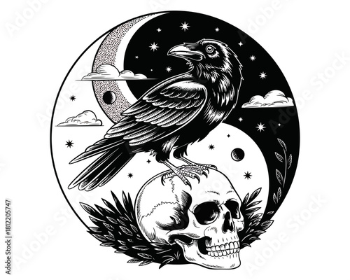 Mystical raven perched on skull within yin yang moon and stars