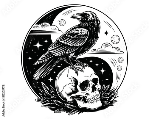 Black raven perched on skull with yin yang sky and stars