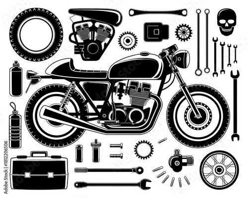 Motorcycle parts and tools illustration black and white