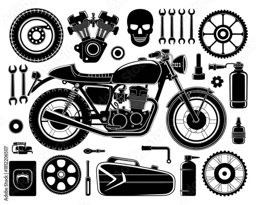 Motorcycle and mechanic tools silhouette collection