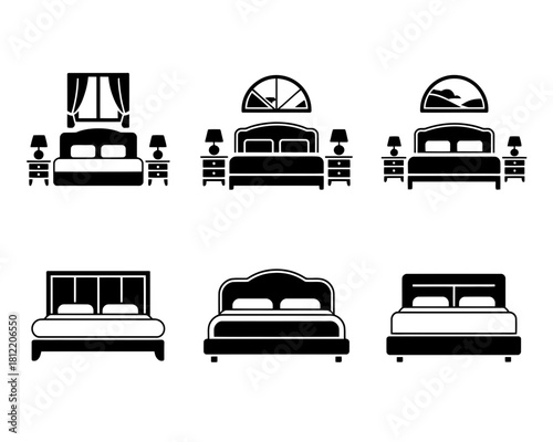 Collection of six modern bedroom furniture icons with beds and nightstands