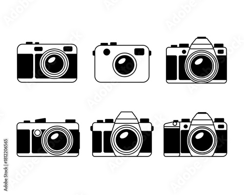 Collection of six vintage and modern camera illustrations in black and white