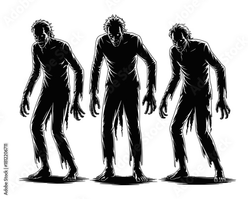 Three tattered silhouette zombies with glowing eyes on white background