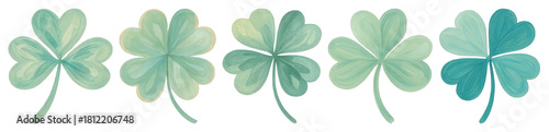 PNG Five watercolor clover leaves, element set on transparent background