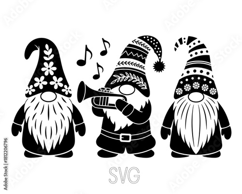 Three gnomes playing music and dancing with musical notes