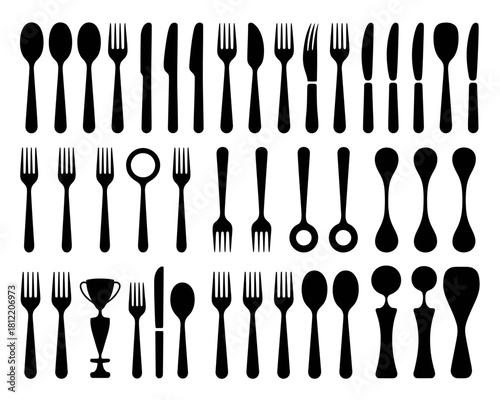 Collection of black silhouettes of various cutlery and utensils