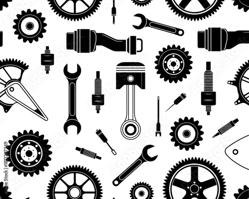 Seamless pattern of black mechanical parts and tools on white background