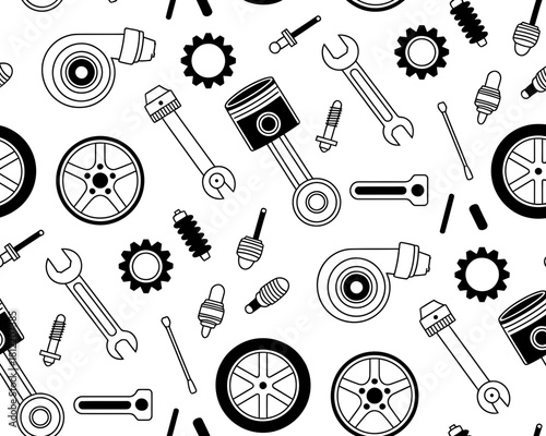Seamless pattern of car parts and tools in a simple line art style