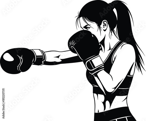 Female boxer throwing punch silhouette, woman fighter vector illustration, boxing gloves training, girl fitness workout, self defense sport action