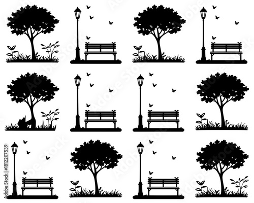 Park scene silhouettes with trees benches streetlights and butterflies