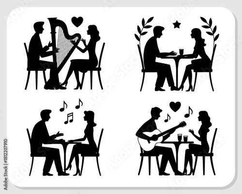 Couple enjoying romantic music and dining silhouettes