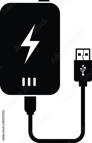 Portable power bank silhouette, external battery charger icon, usb cable connection, electric energy storage symbol, flat vector illustration design
