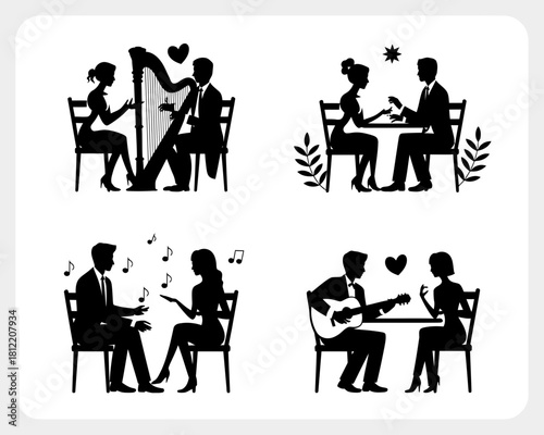 Silhouettes of couples enjoying romantic musical dates and conversations