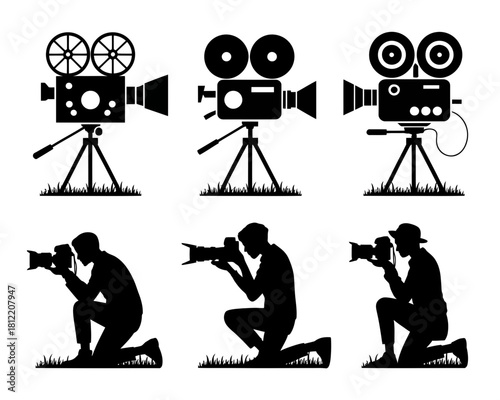 Collection of vintage and modern cameras with photographers