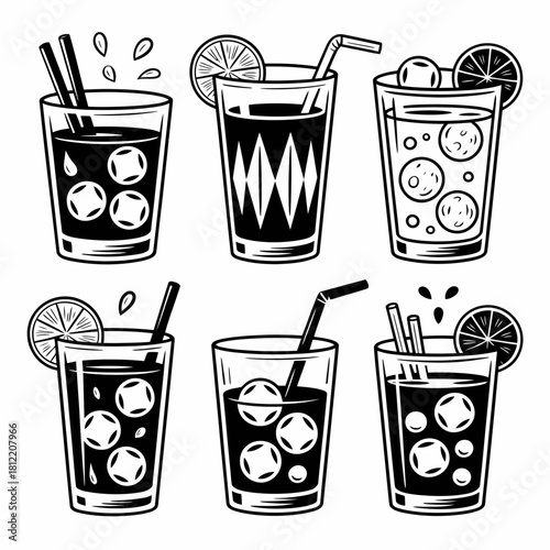 Collection of six black and white illustrations of refreshing drinks with ice and lime