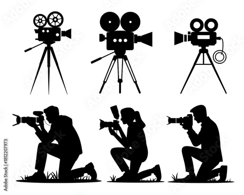 Silhouette of vintage film cameras and photographers capturing moments