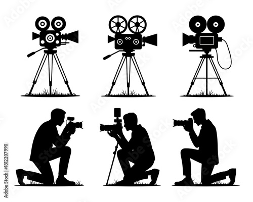 Vintage and modern cameras with photographers silhouettes