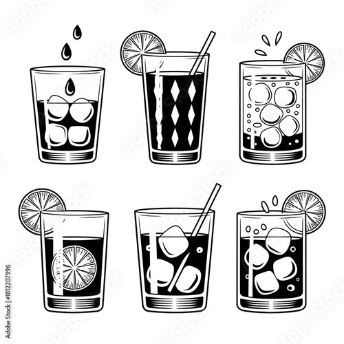 Collection of six black and white illustrations of refreshing iced drinks