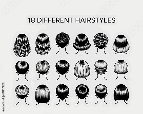 Collection of 18 diverse hairstyles shown from the back