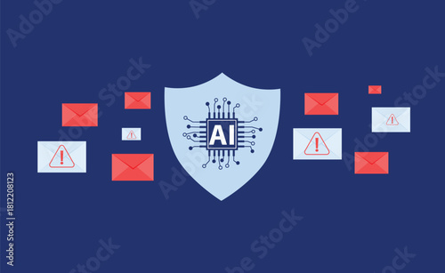 AI email filtering system detecting spam, phishing and unwanted messages. Machine learning spam detection and ai e-mail automation to improve inbox security and communication efficiency