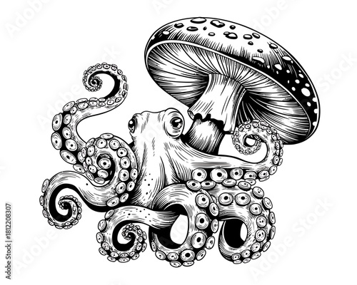 Whimsical octopus hiding under a mushroom cap in black and white