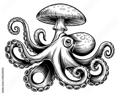 Whimsical octopus with mushroom hat in black and white ink drawing