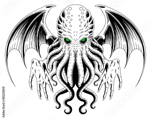 Mythological cthulhu monster with tentacles and wings in black and white