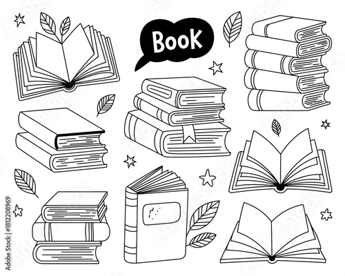 Collection of hand drawn books and reading related elements in black and white