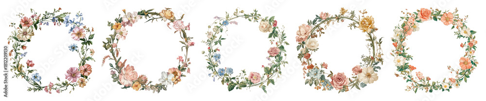 Fototapeta premium PNG Elegant floral wreaths collection, element set on transparent background