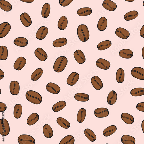 Coffee beans seamless pattern on light pink background for prints, wallpapers, wrapping paper, backgrounds, etc. EPS 10