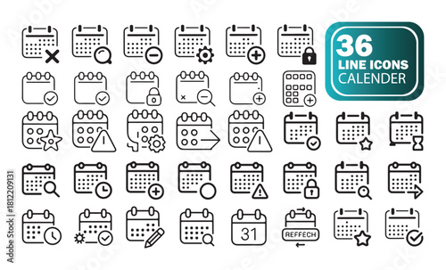 Calendar Line Icon Bundle, Minimal Planner Symbols for Event Management.
