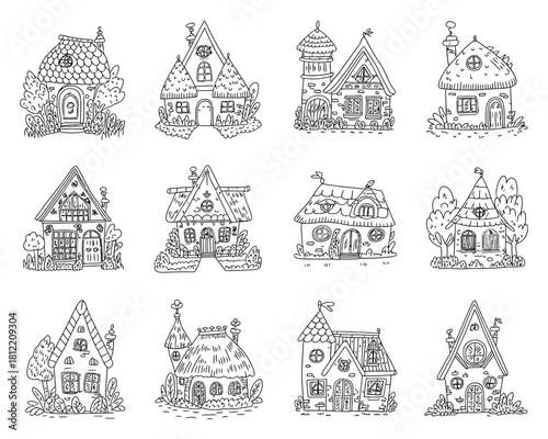 Collection of whimsical hand drawn fairy tale houses and cottages