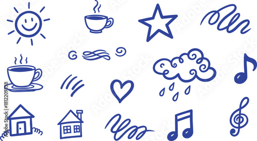 Blue Doodle Icons Of Sun Coffee Star Cloud House And Music Notes Keywords: sun, happy sun