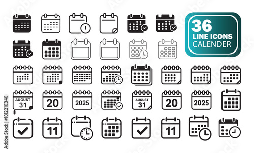 Modern Calendar Icons Pack, Minimal Line Art for Organization and Productivity.