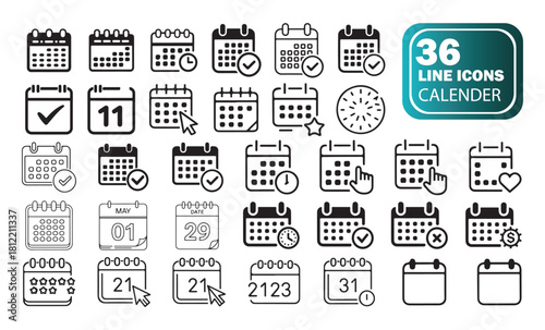 Elegant Calendar Icons Pack, Outline Planner Symbols for Schedule Management.
