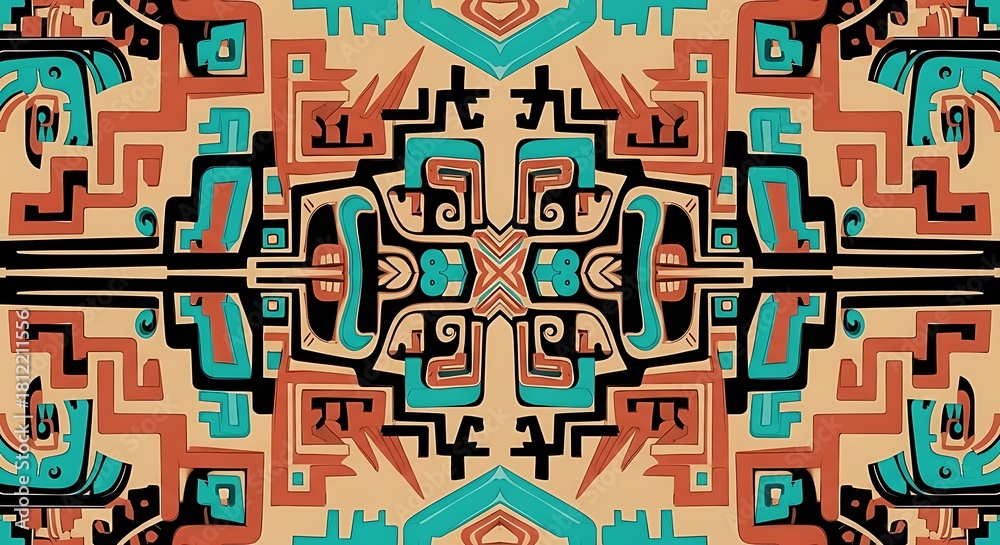 Fototapeta premiumWyrazisty, symetryczny wzór inspirowany rzeźbami azteckimi. Schodkowe progi, wyraziste linie i uproszczone formy zwierzęce. Paleta kolorów ziemistej terakoty, turkusu i czerni na piaskowym tle. 
