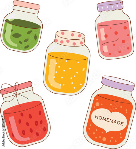 Assortment of Five Jars Filled with Colorful Homemade Jams preserve fruit