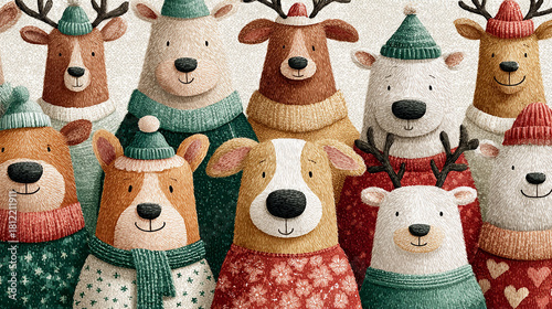 Set of watercolor characters isolated on white background. Cute animal holiday icon element for winter festive decoration.