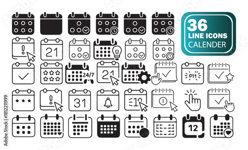 Minimal Calendar Icon Set, Outline Style Planner and Reminder Graphics
