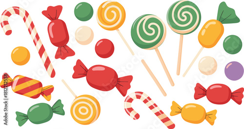 Colorful cartoon candy collection with lollipops, wrapped sweets, candy canes, round candies, vibrant dessert treats illustration for festive design artwork