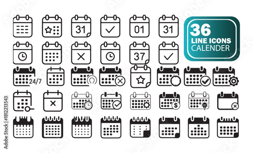 Calendar Line Art Icons Collection, Clean and Modern Planner Symbol Set
